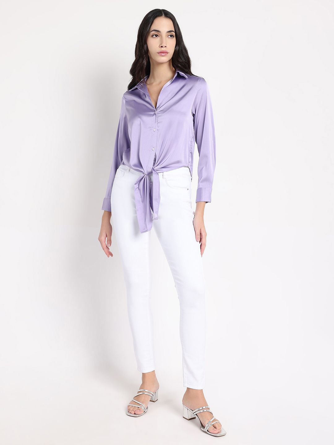 

RAREISM Women Solid Waist Tie-Ups Cotton Shirt Style Top, Purple