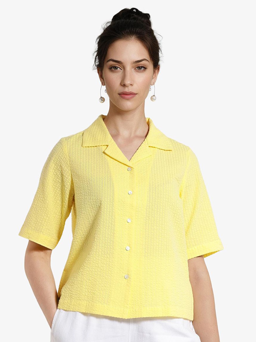 

RAREISM Women Cotton Self Design Solid Shirt Style Top, Yellow