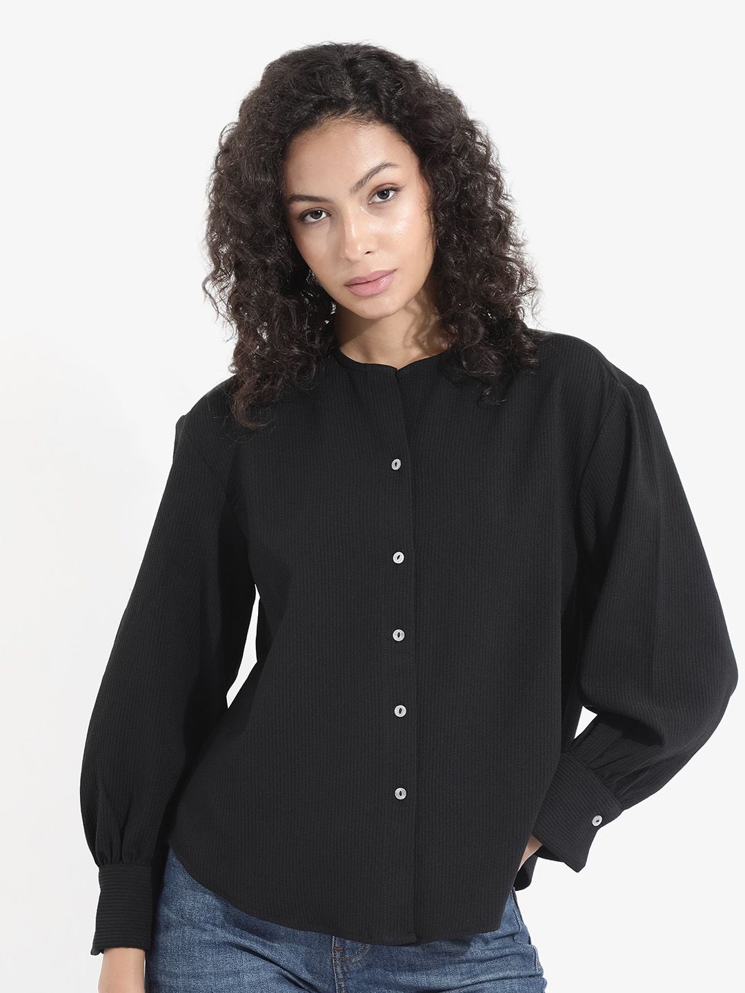 

RAREISM Women Solid Round Neck Cotton Shirt Style Top, Black