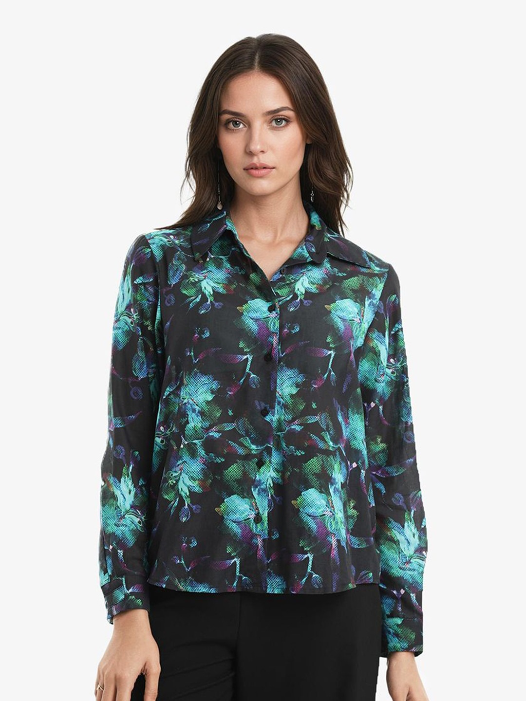 

RAREISM Women Floral Printed Cotton Shirt Style Top, Black