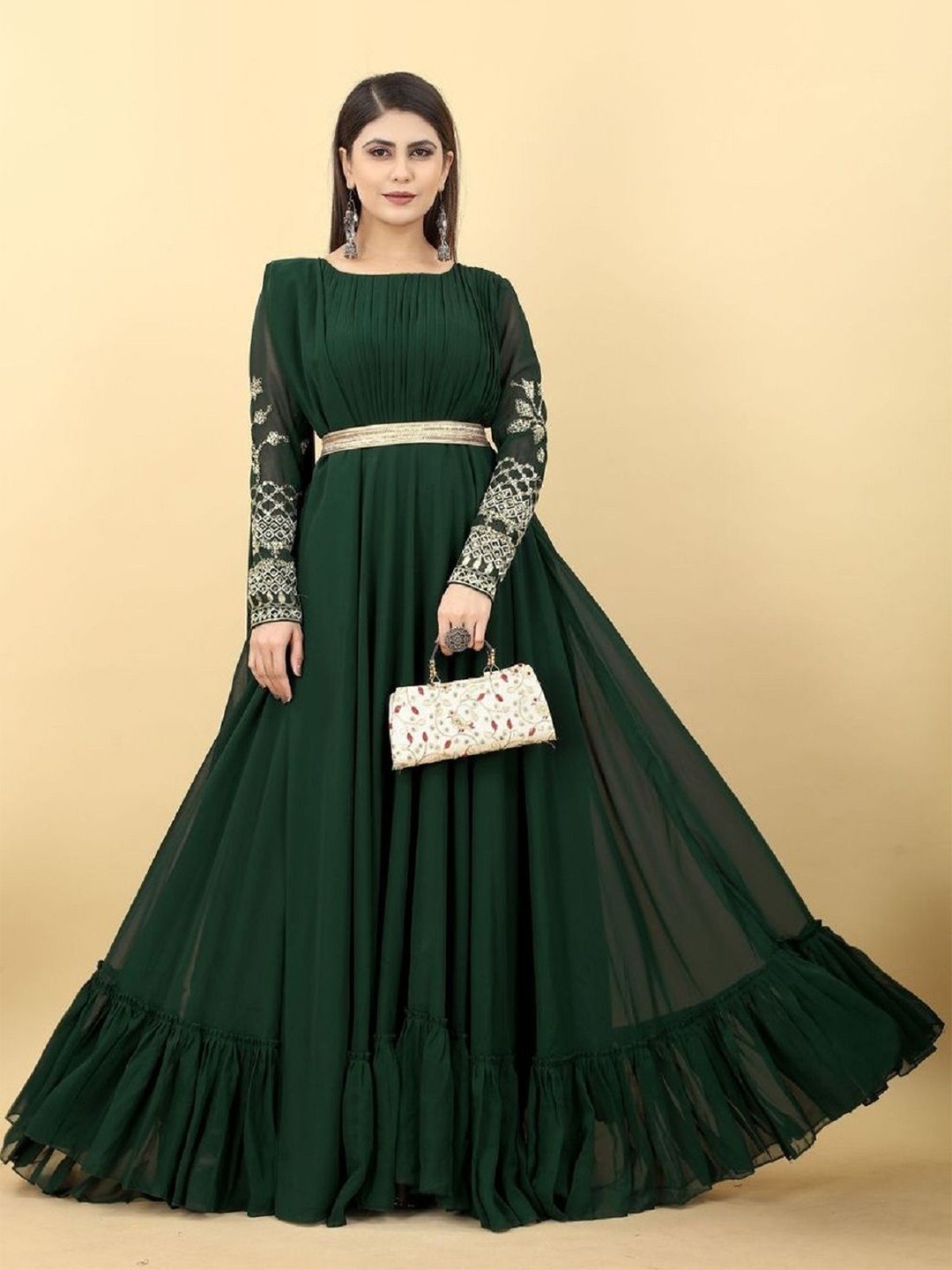 

KALINI Round Neck Gown Ethnic Dress With Dupatta, Green