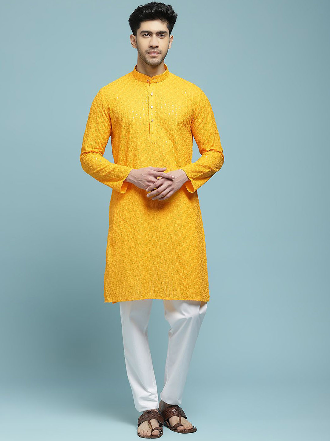 

House of Chikankari Floral Embroidered Sequinned Mandarin Collar Pure Cotton Kurta, Yellow