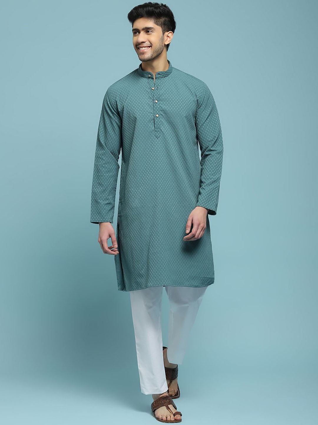 

House of Chikankari Solid Woven Kurta, Green