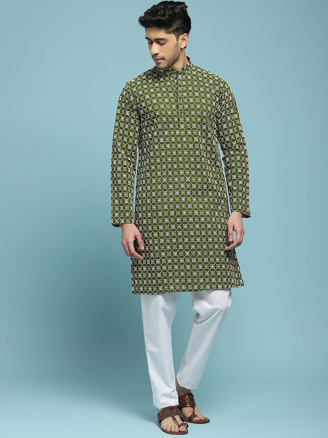 

House of Chikankari Embroidered Woven Kurta, Green