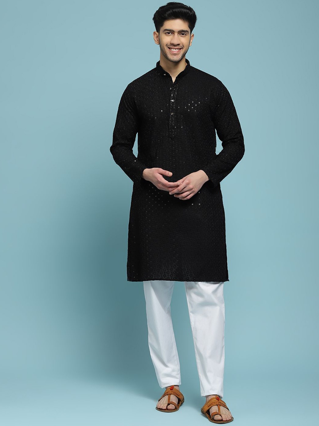 

House of Chikankari Floral Embroidered Sequinned Mandarin Collar Pure Cotton Kurta, Black