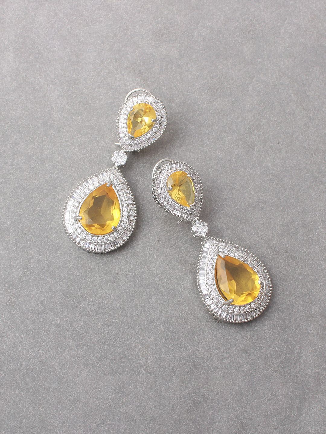 

Mirana Rhodium Plated AD Stone Studded Contemporary Drop Earrings, Silver
