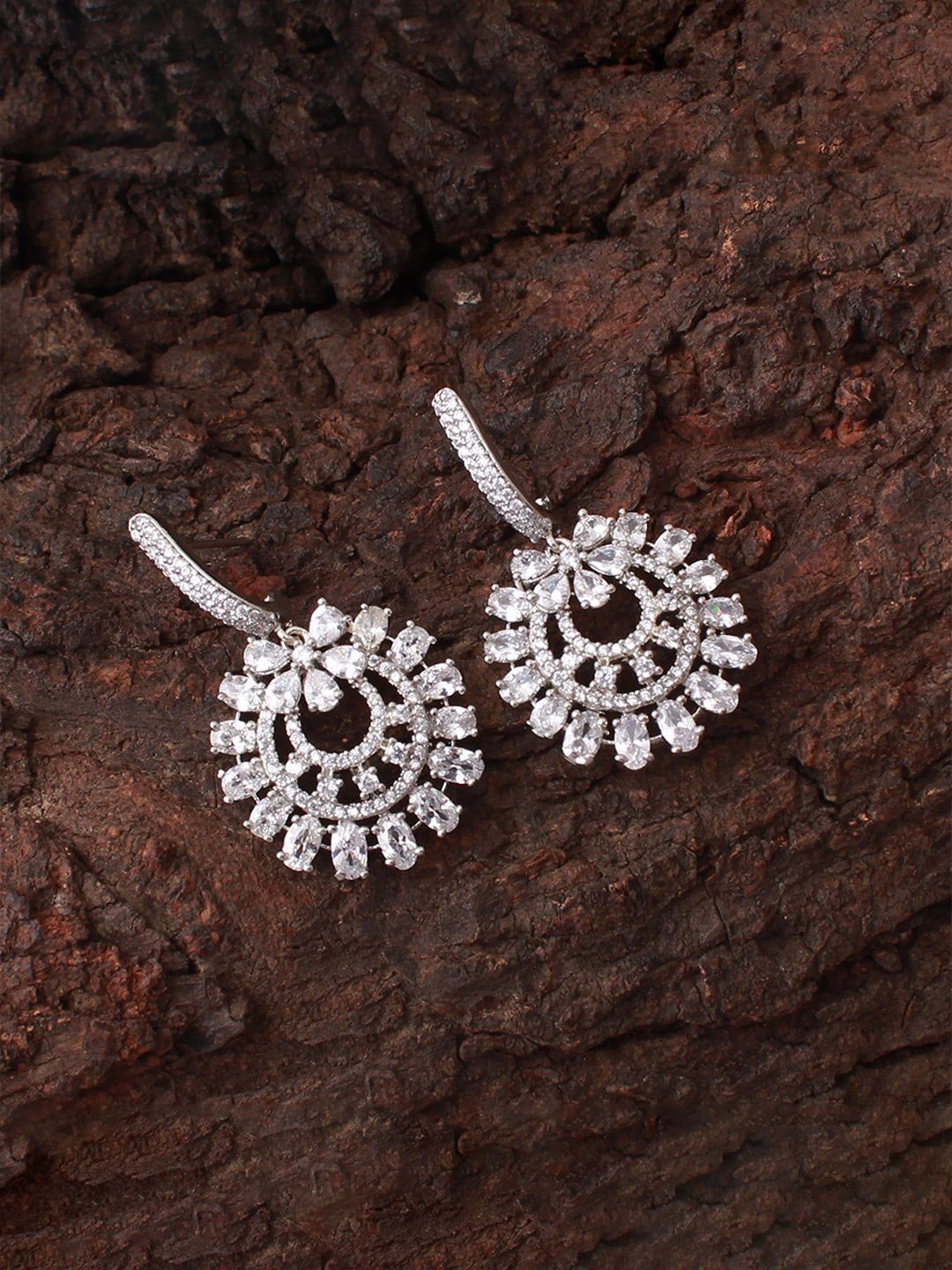 

Mirana Rhodium Plated AD Stone Studded Contemporary Drop Earrings, Silver