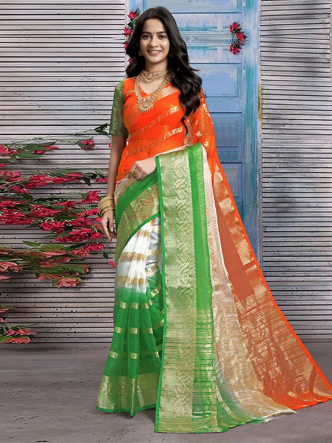 

KALINI Woven Design Zari Organza Saree, Green