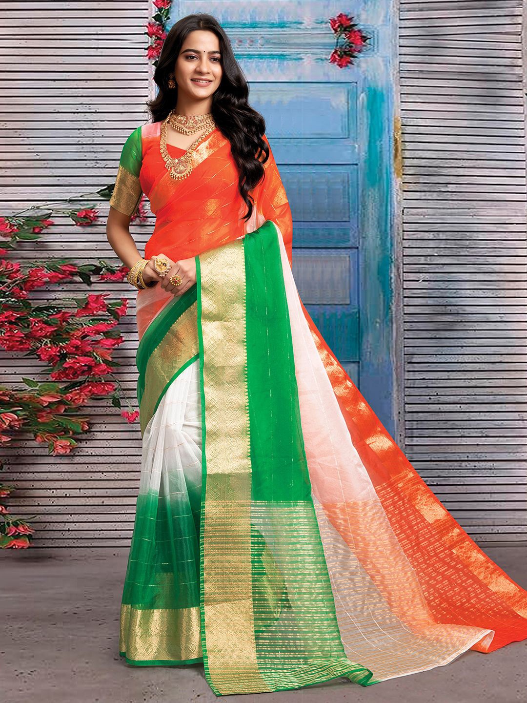 

KALINI Woven Design Zari Organza Saree, Green