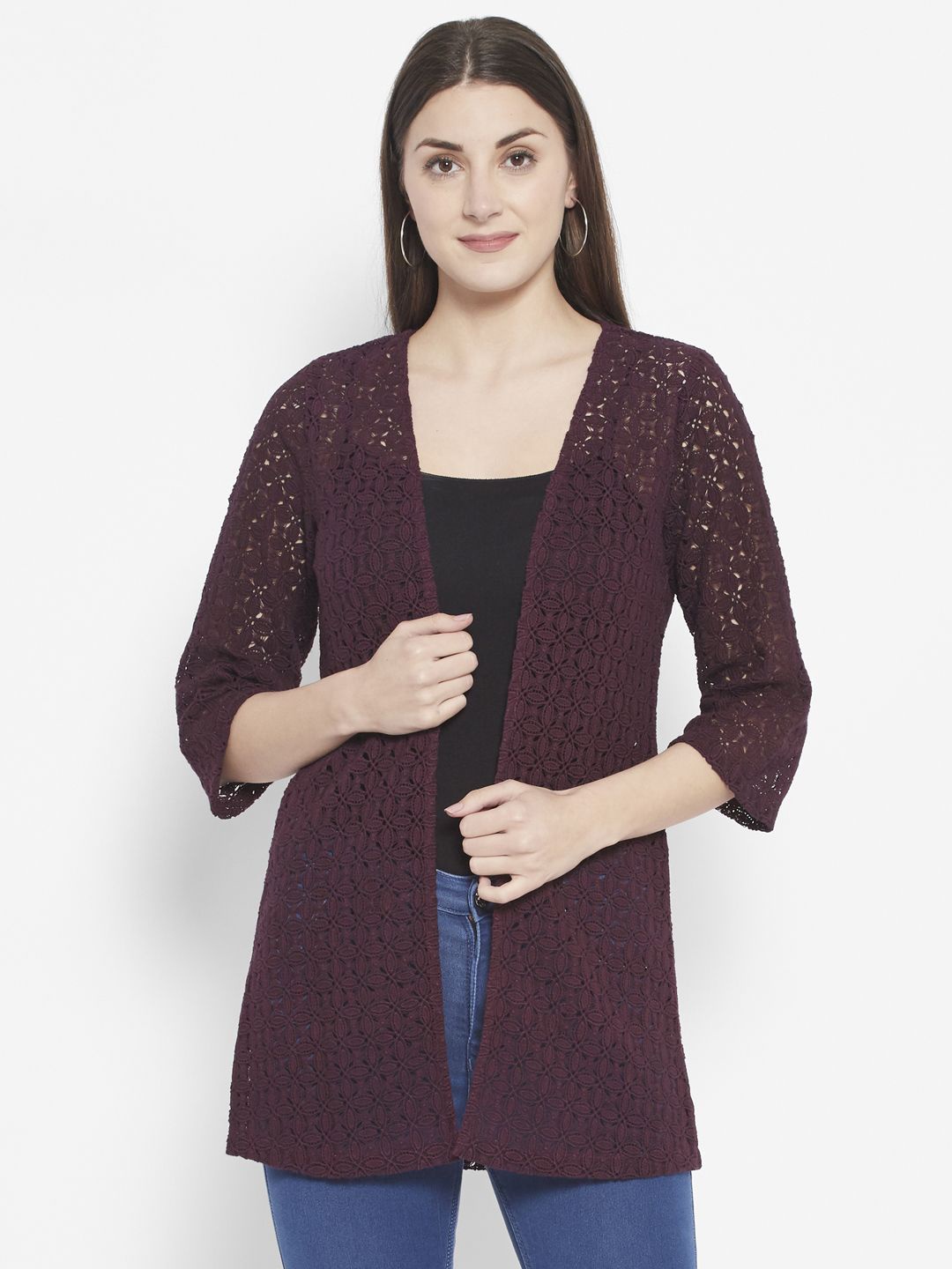 

HOUSE OF KKARMA Self Design Longline Cotton Open Front Shrug, Burgundy