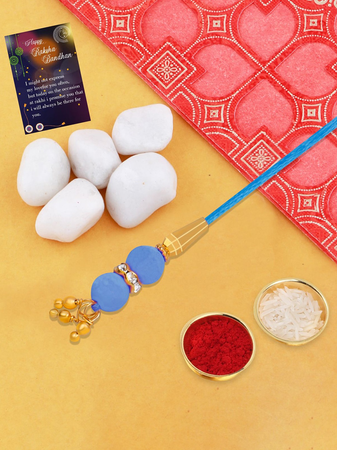 

Silver Shine Beaded Bhabhi Rakhi With Roli Chawal & Greeting Card, Blue