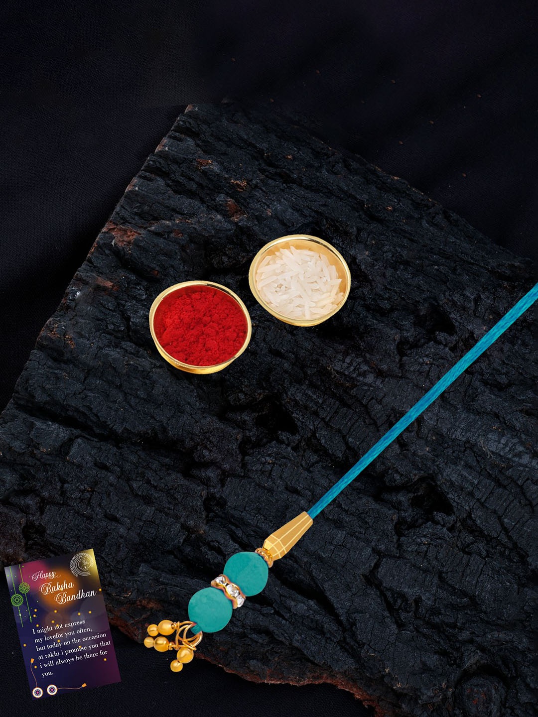 

Silver Shine Beaded Bhabhi Rakhi With Roli Chawal & Greeting Card, Blue