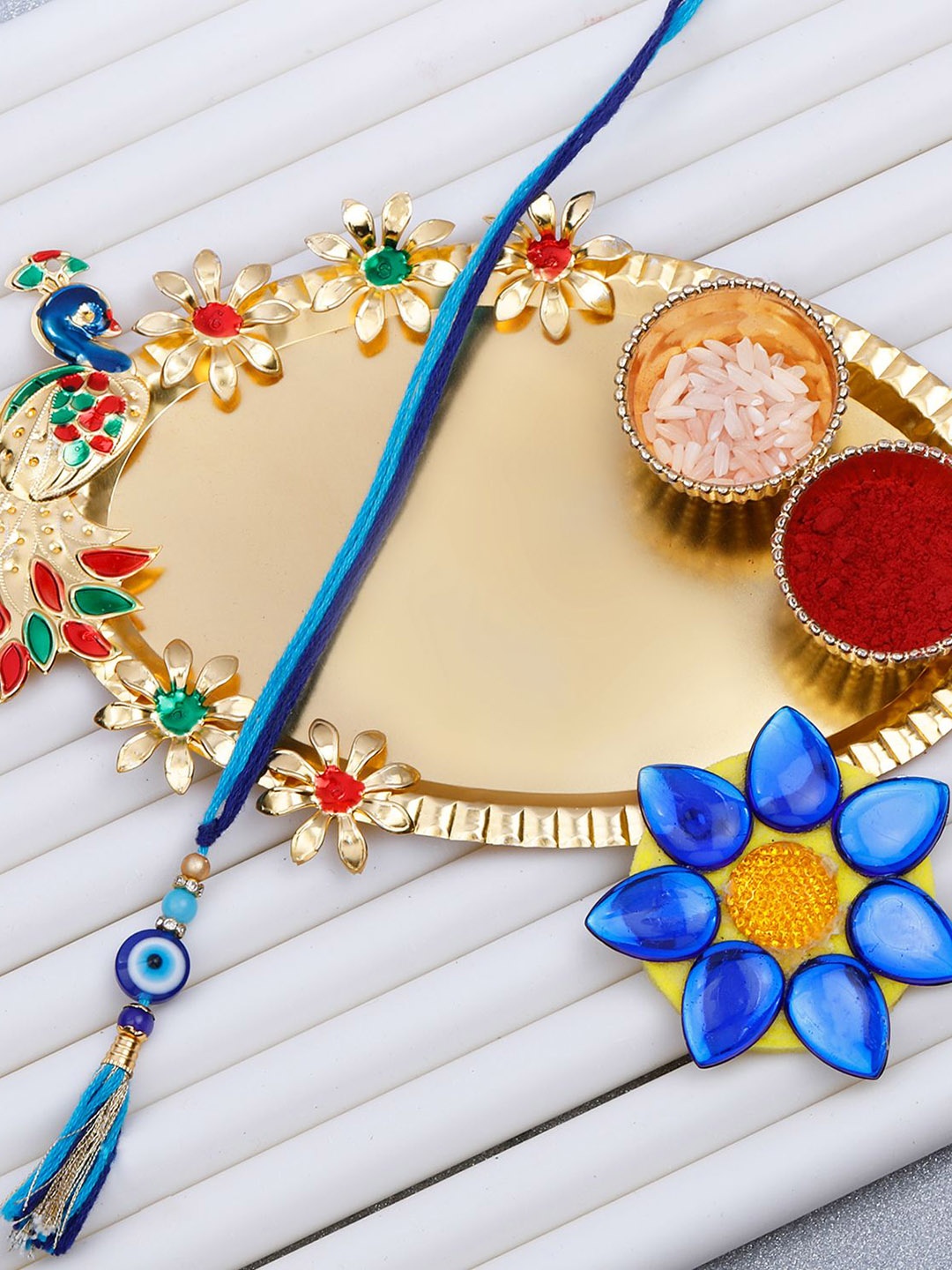 

Silver Shine Beaded Bhabhi Rakhi With Roli Chawal & Greeting Card, Blue
