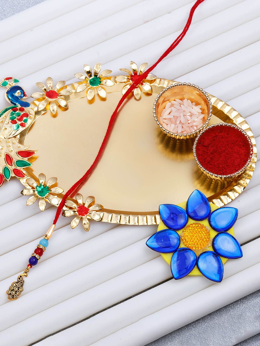 

Silver Shine Beaded Bhabhi Rakhi With Roli Chawal & Greeting Card, Red