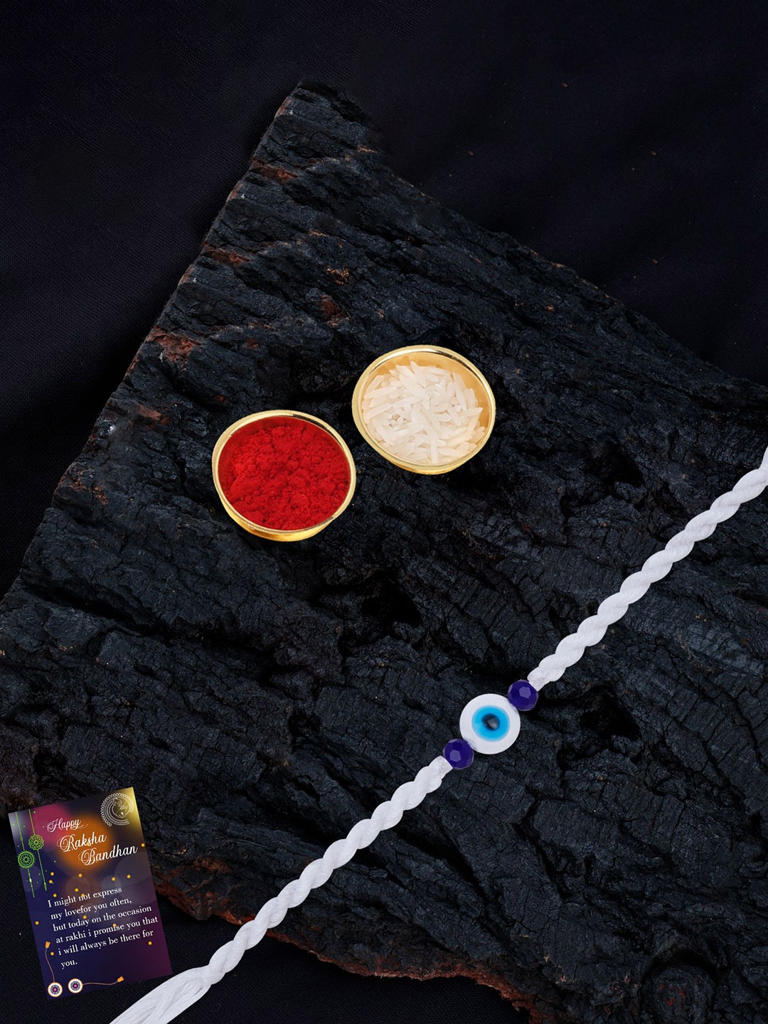 

Silver Shine Rakhi With Roli Chawal & Greeting Card, White