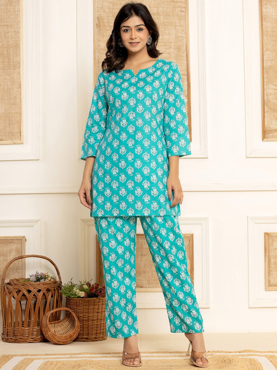 

DHANOTA Printed Pure Cotton Top With Trousers Co-Ords, Blue