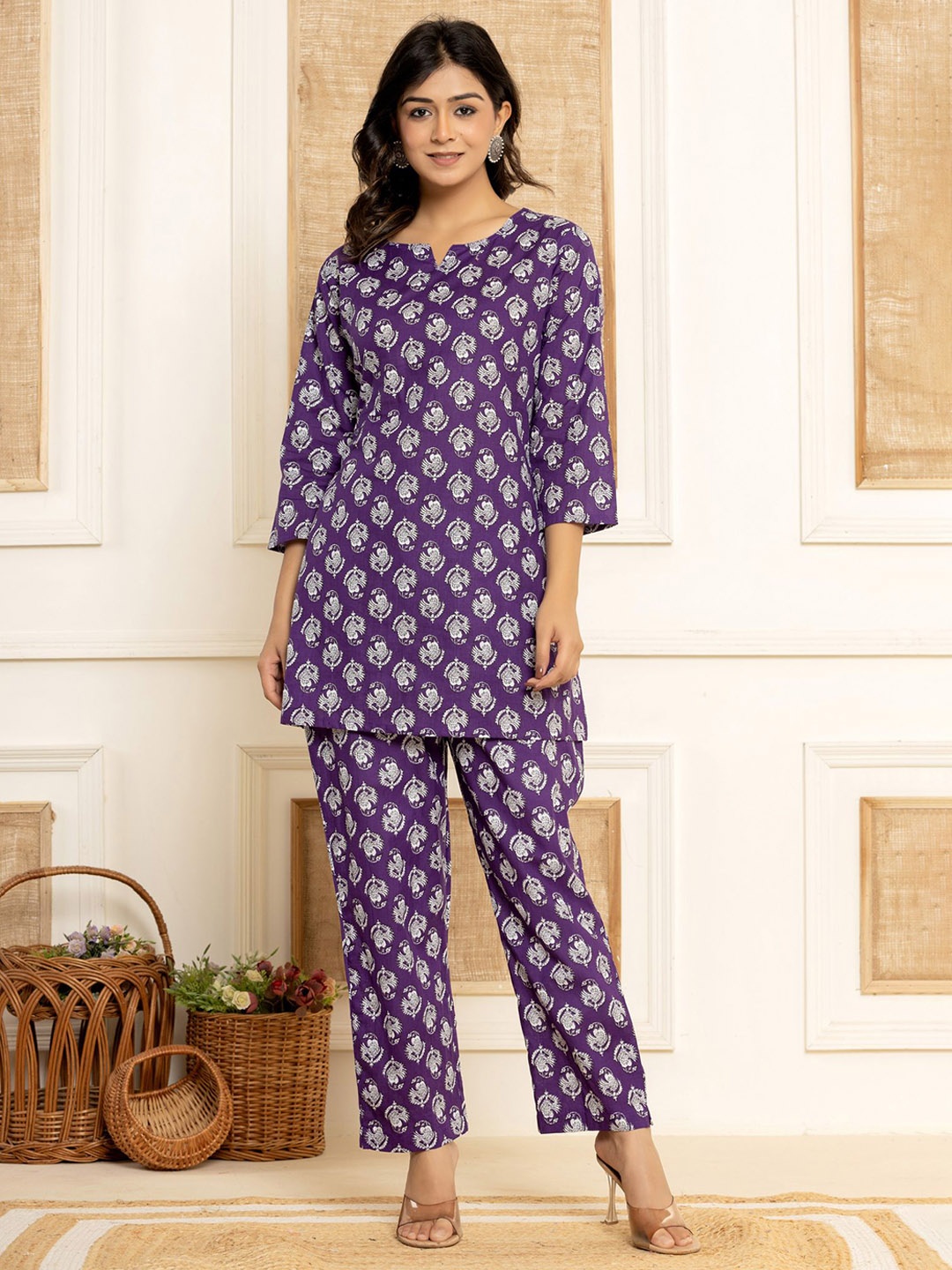 

DHANOTA Printed Pure Cotton Top With Trousers Co-Ords, Purple