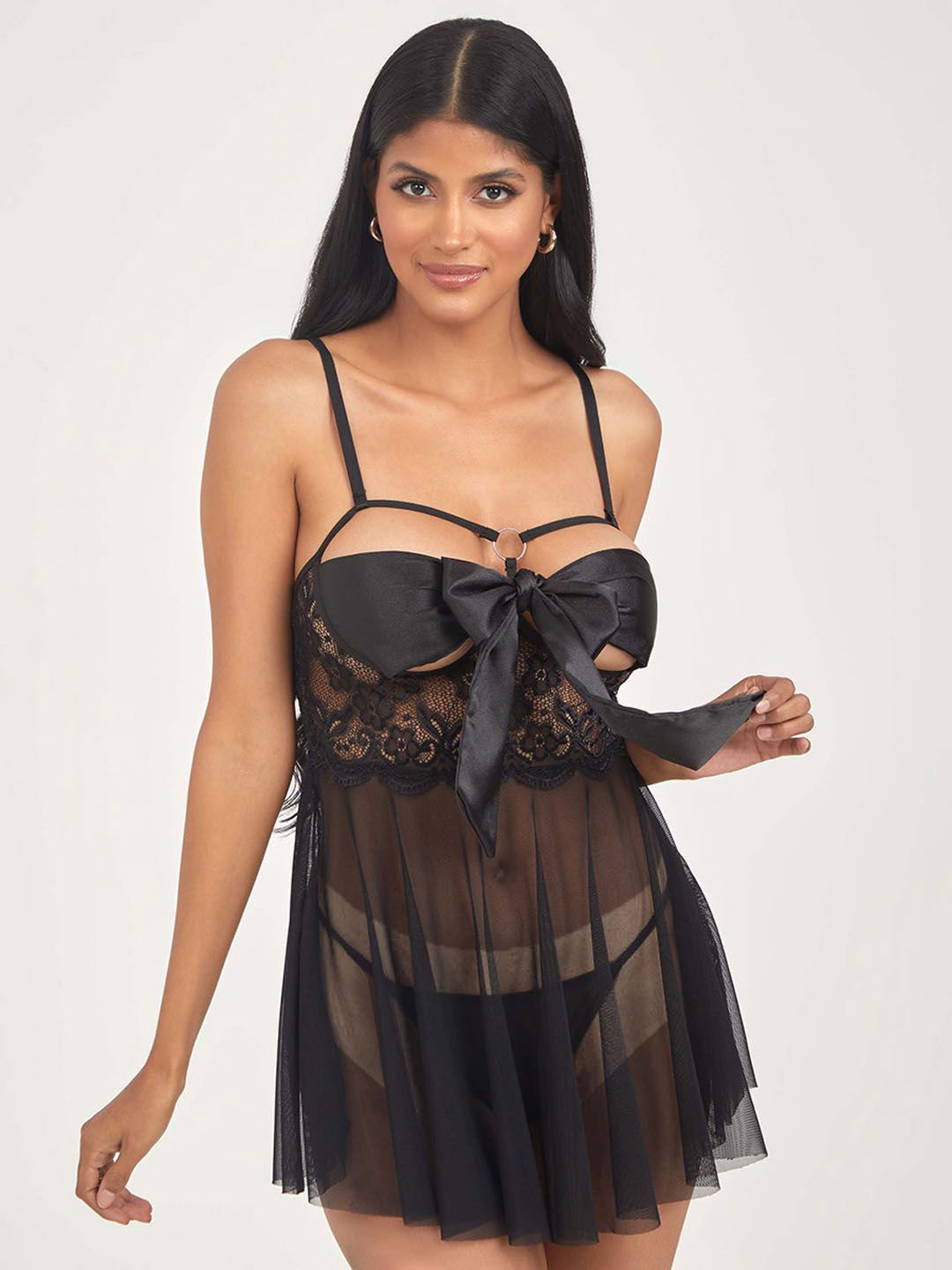 

KRENOZ Women Self Design Shoulder Straps Net Baby Doll, Black