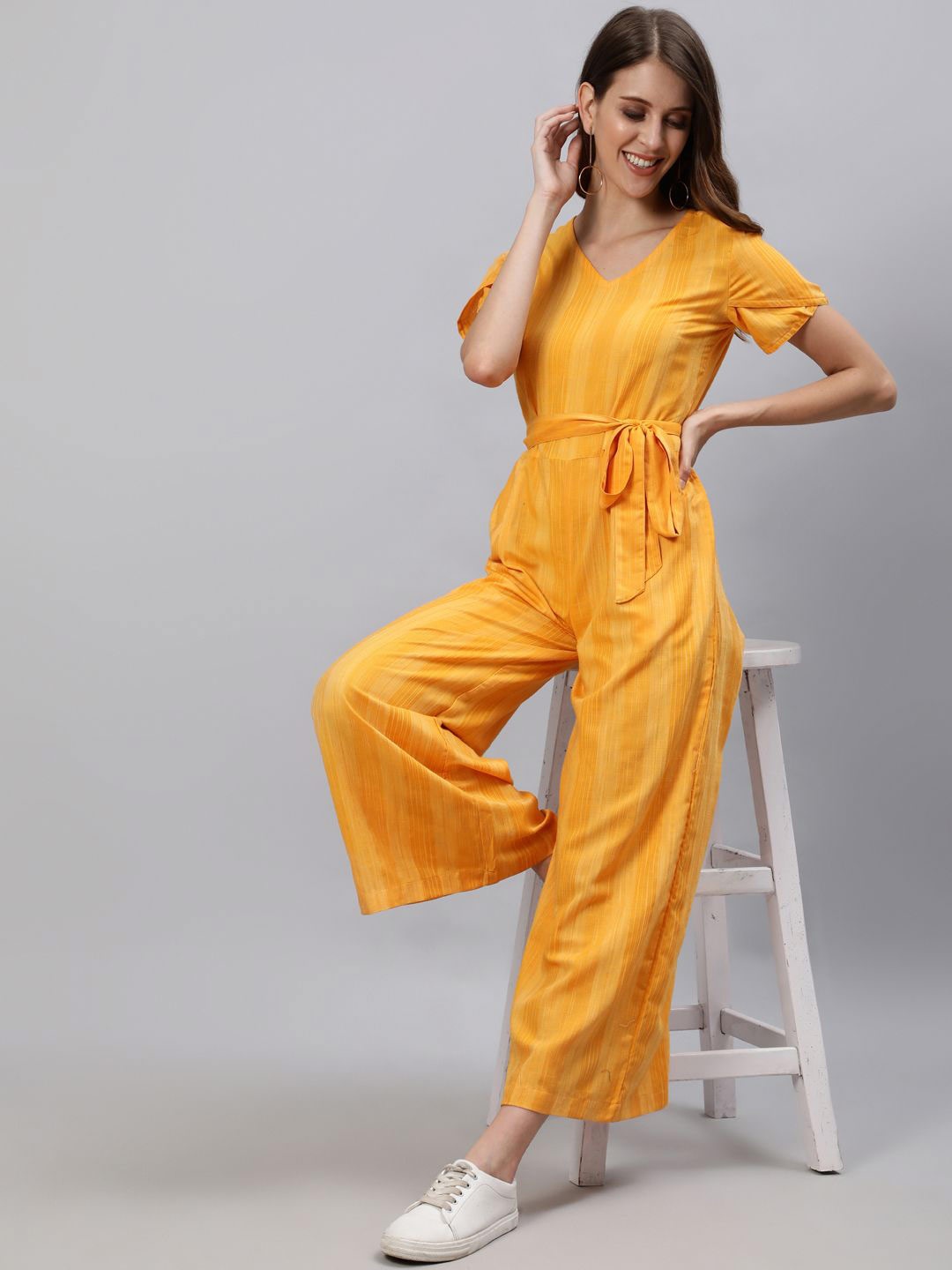 

Jaipur Kurti Striped Basic Jumpsuit With Two Side Pockets, Yellow