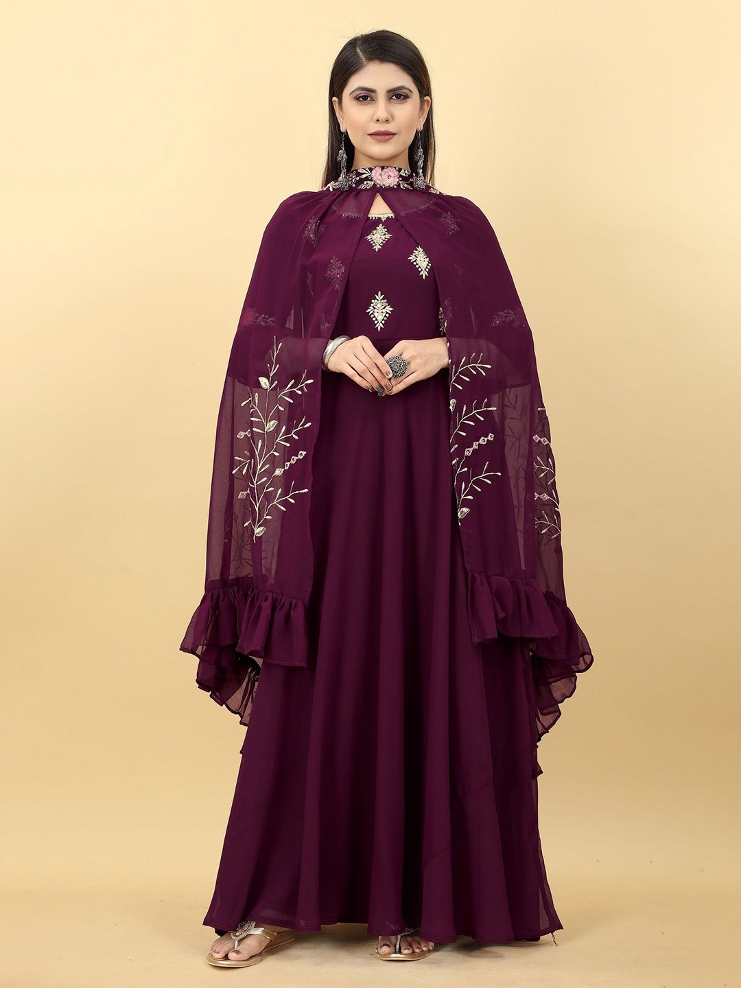 

KALINI Georgette Maxi Ethnic Dresses with Dupatta, Maroon