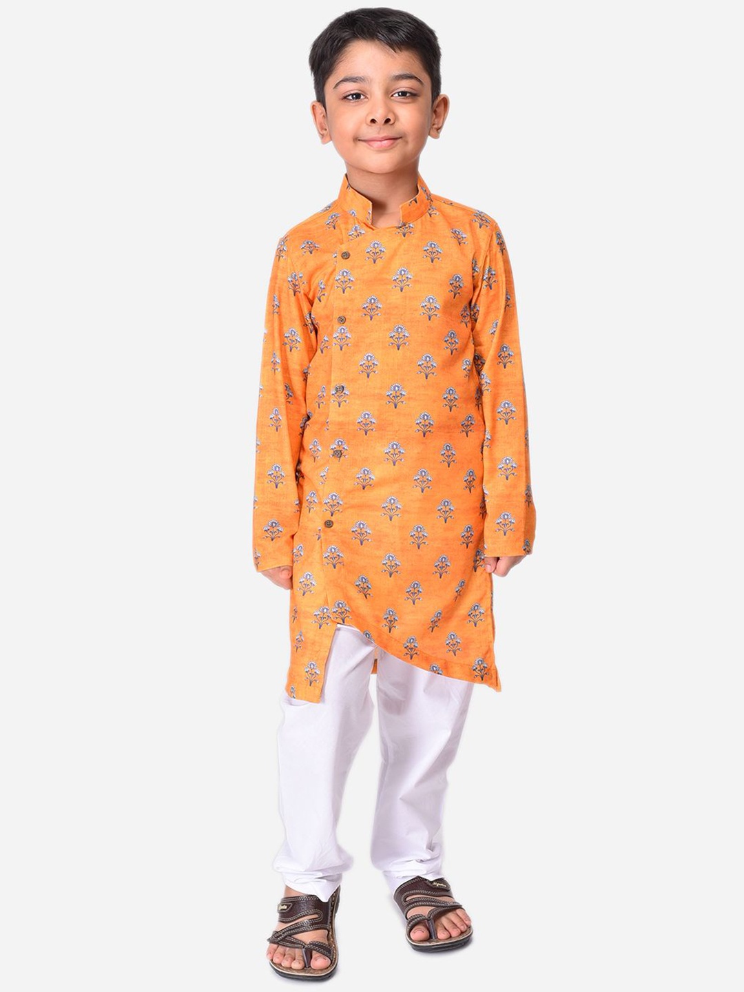 

NAMASKAR Boys Floral Printed Mandarin Collar Cotton Linen Straight Kurta with Pyjamas, Mustard