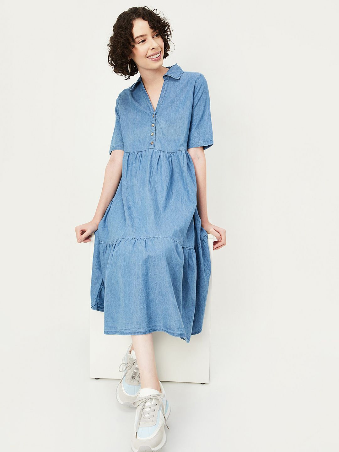 

max Shirt Collar Tiered Pure Cotton A-Line Dress, Blue