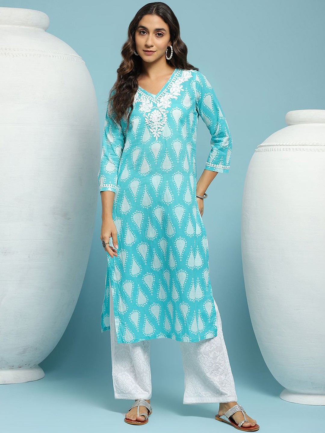 

House of Chikankari Chikankari Printed Top Long Kurta, Green