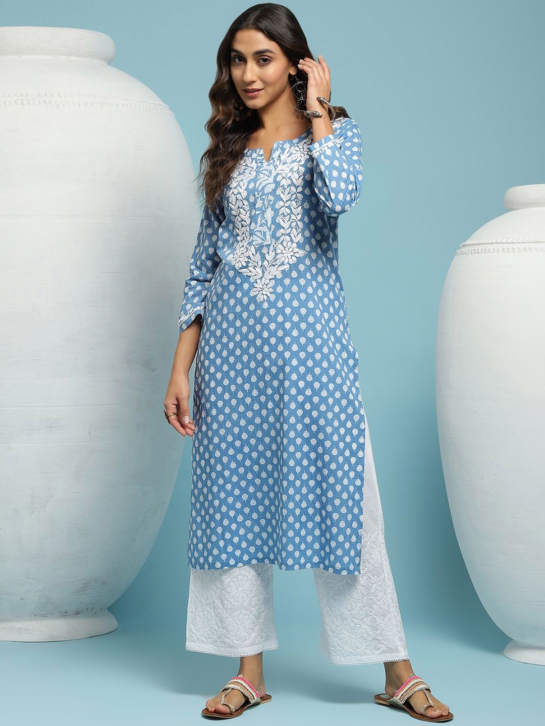

House of Chikankari Ethnic Motifs Printed Chikankari Cotton Straight Kurta, Blue
