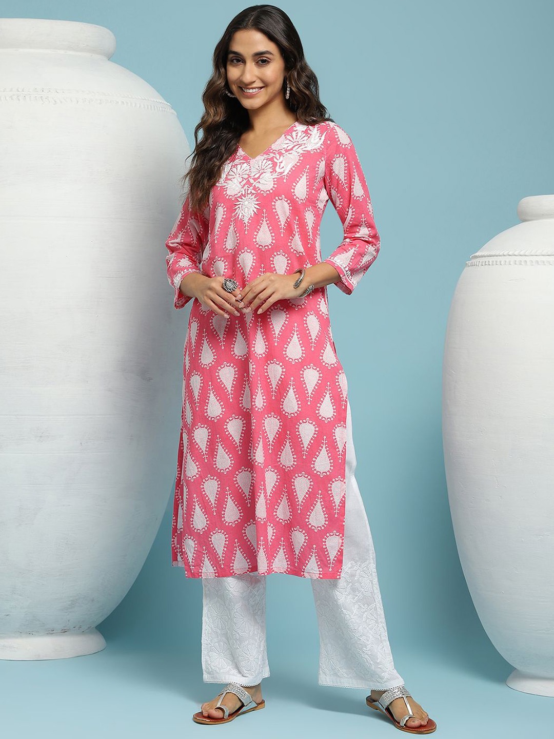 

House of Chikankari Chikankari Printed Top Long Kurta, Pink