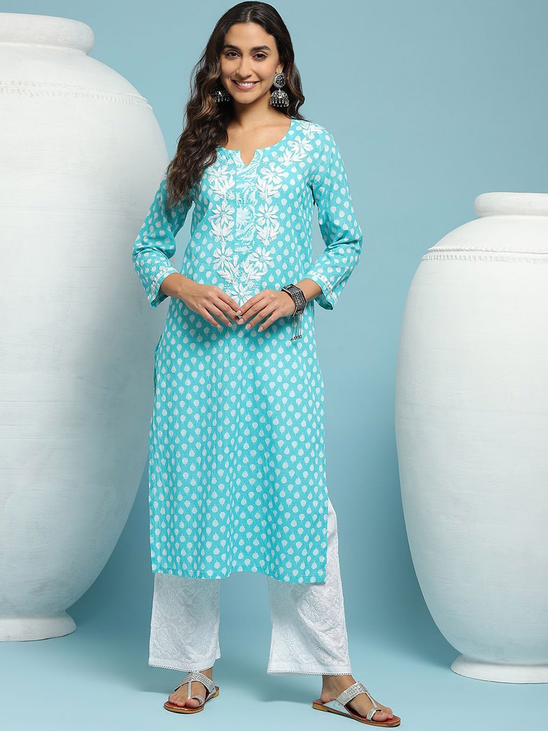 

House of Chikankari Chikankari Printed Kurta, Green