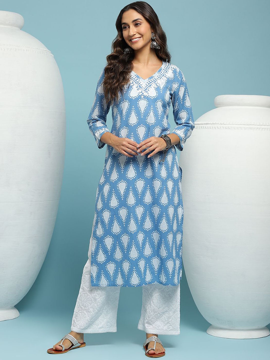 

House of Chikankari Chikankari Printed Kurta, Blue