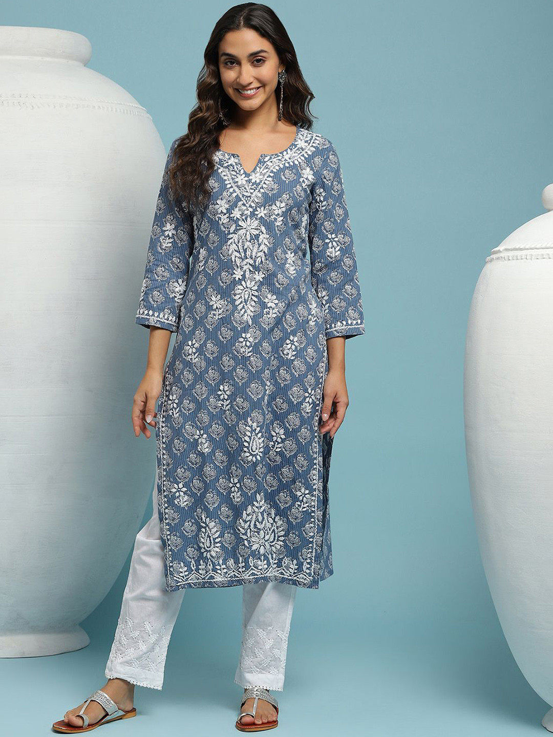 

House of Chikankari Chikankari Printed Kurta, Blue