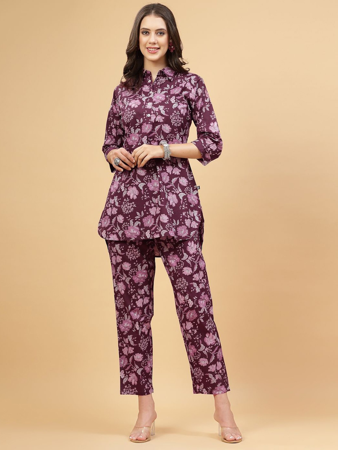 

Pistaa Floral Printed Shirt Collar Pure Cotton Tunic With Trouser, Mauve