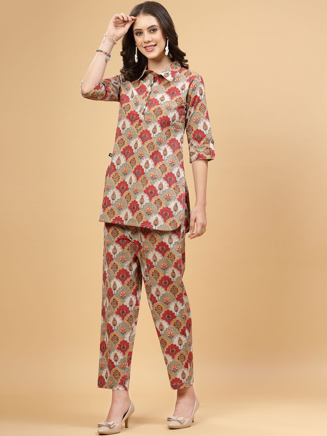 

Pistaa Floral Printed Shirt Collar Pure Cotton Tunic With Trouser, Red