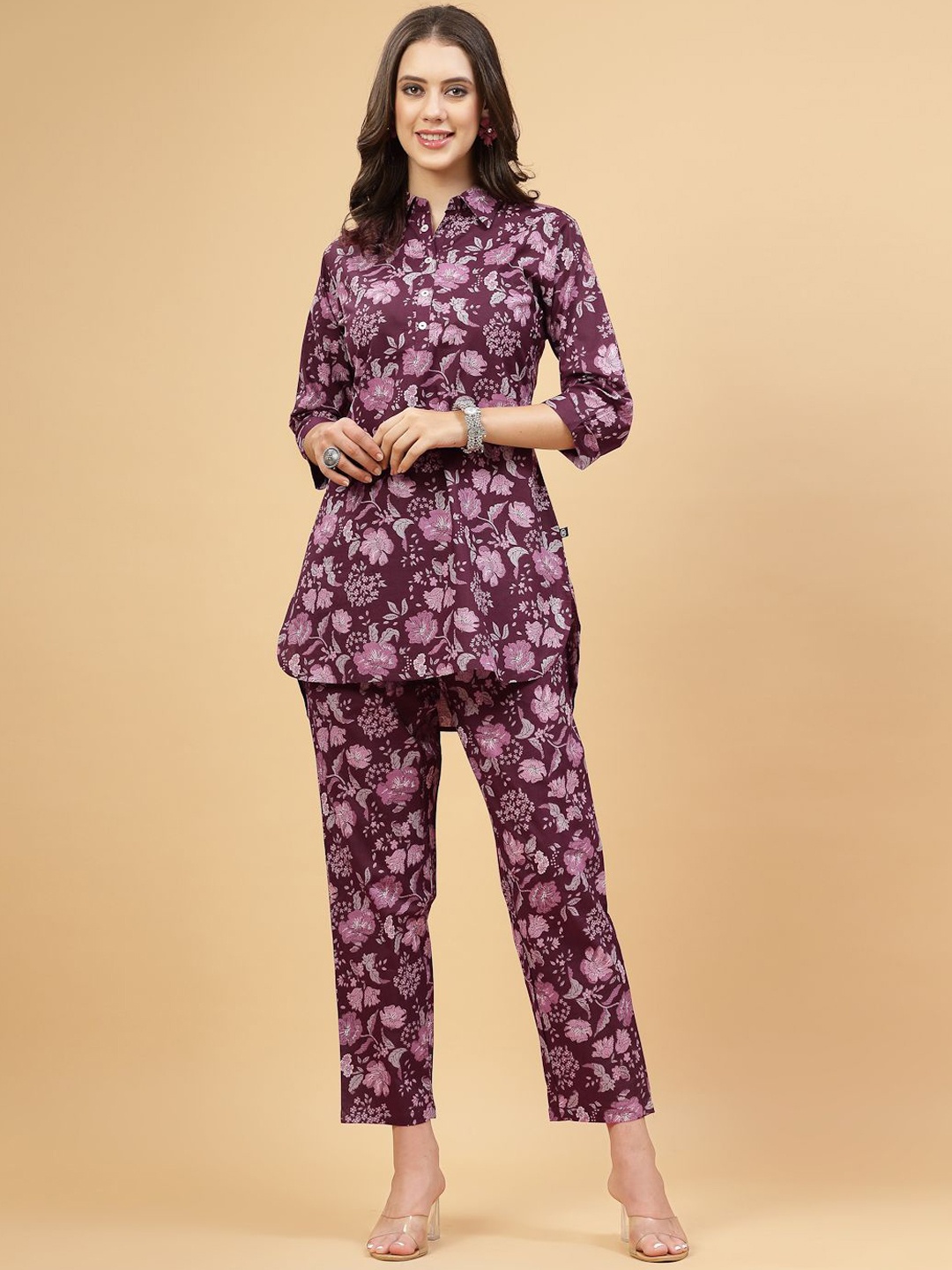 

Pistaa Floral Printed Shirt Collar Pure Cotton Tunic With Trouser, Mauve