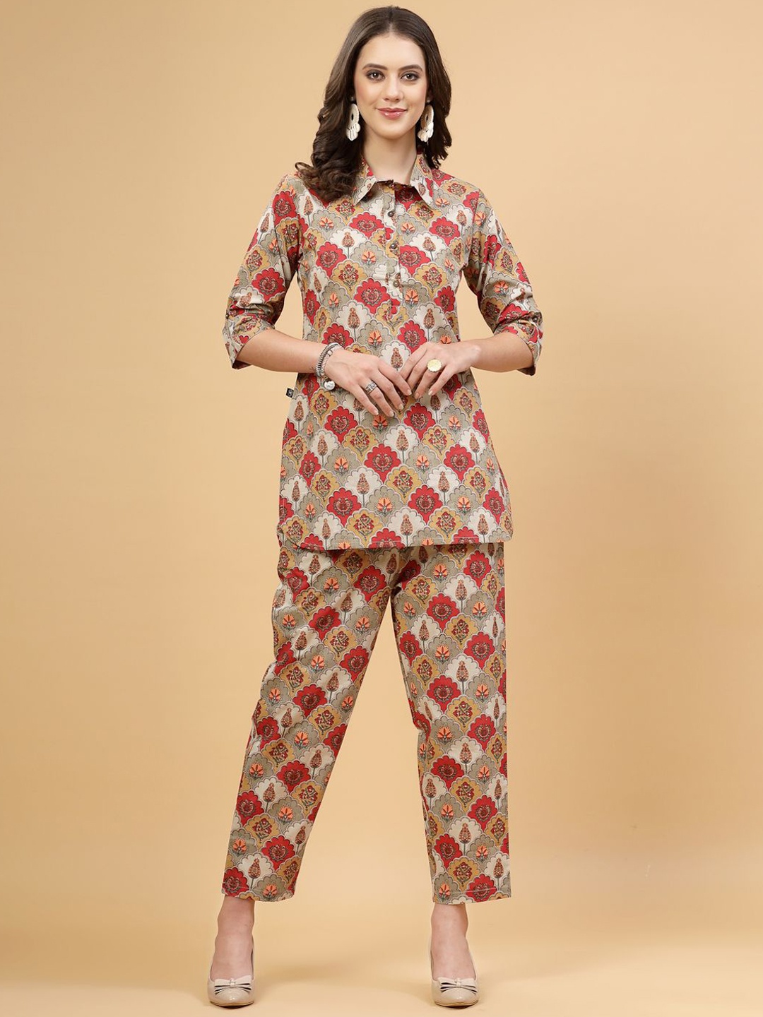 

Pistaa Floral Printed Shirt Collar Pure Cotton Tunic With Trouser, Red