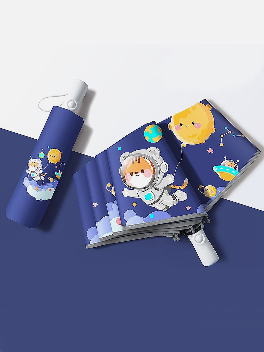 

Little Surprise Box LLP Kids Manual 2 Fold Flying Space Cat Printed Umbrella, Navy blue