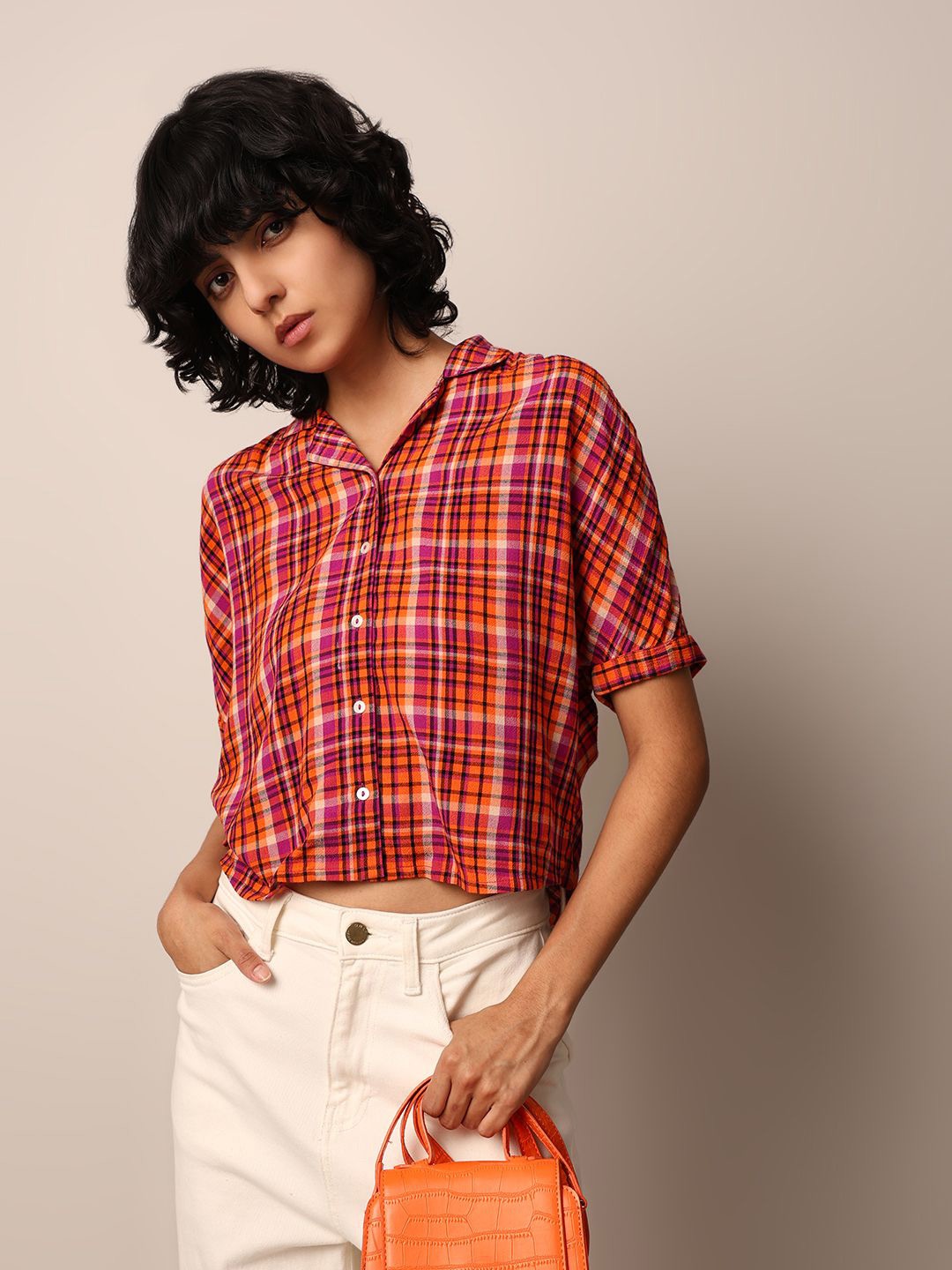 

ONLY Women Tartan Checks Opaque Checked Casual Shirt, Pink