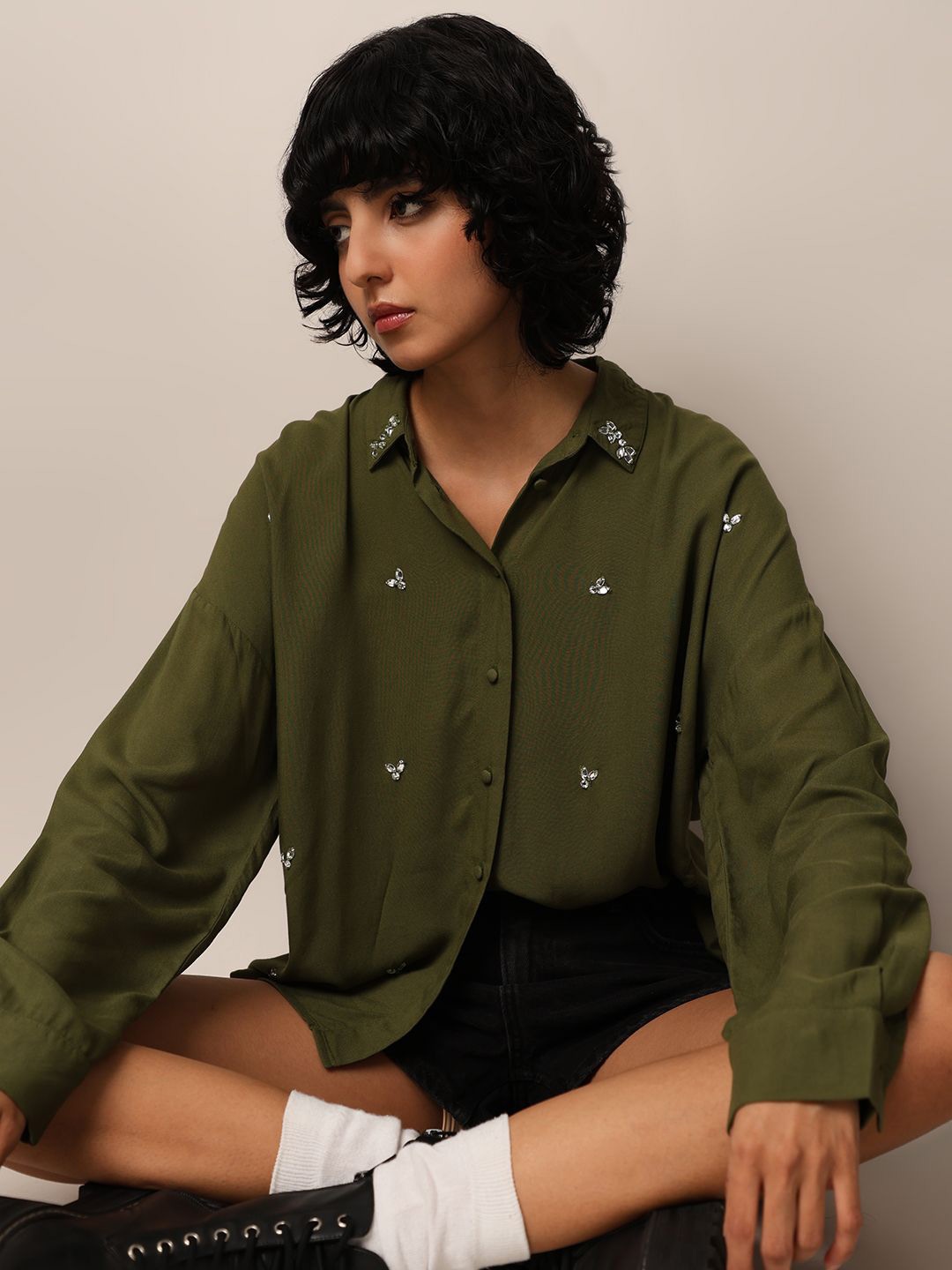 

ONLY Women Opaque Printed Casual Shirt, Green