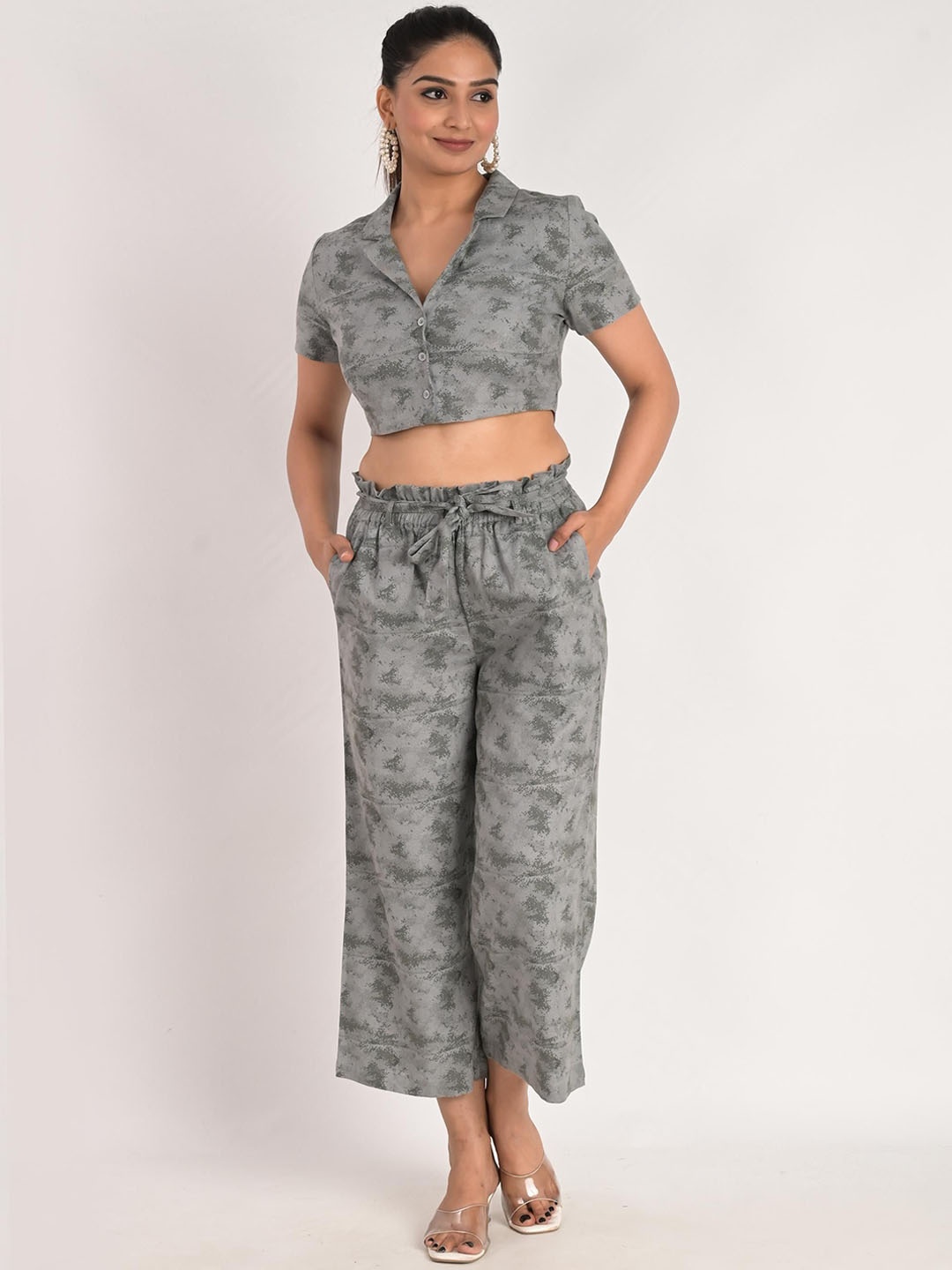 

KIZI Printed Shirt Collar Top & Palazzos, Grey