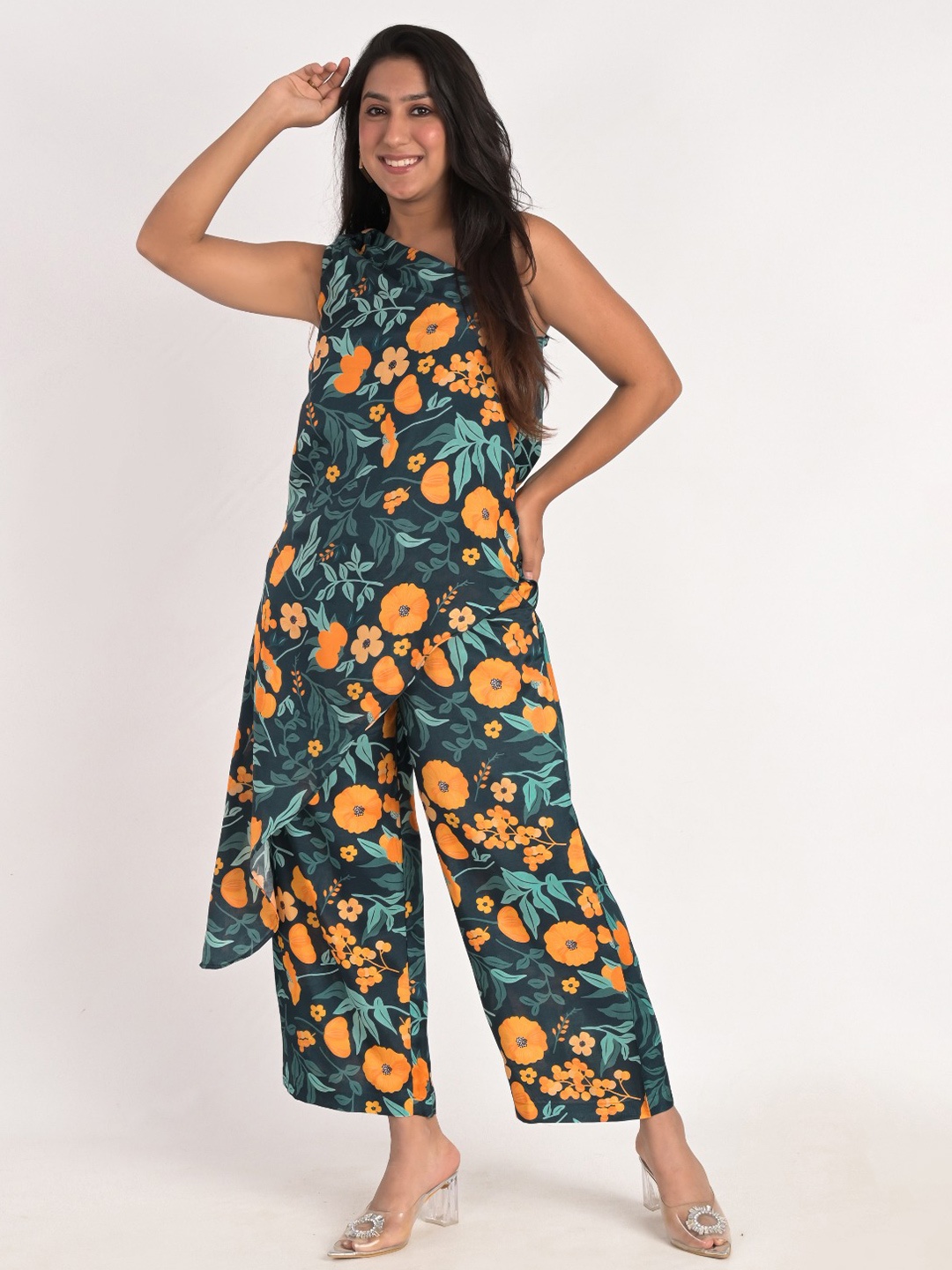 

KIZI Floral Printed One Shoulder Top With Trousers, Teal