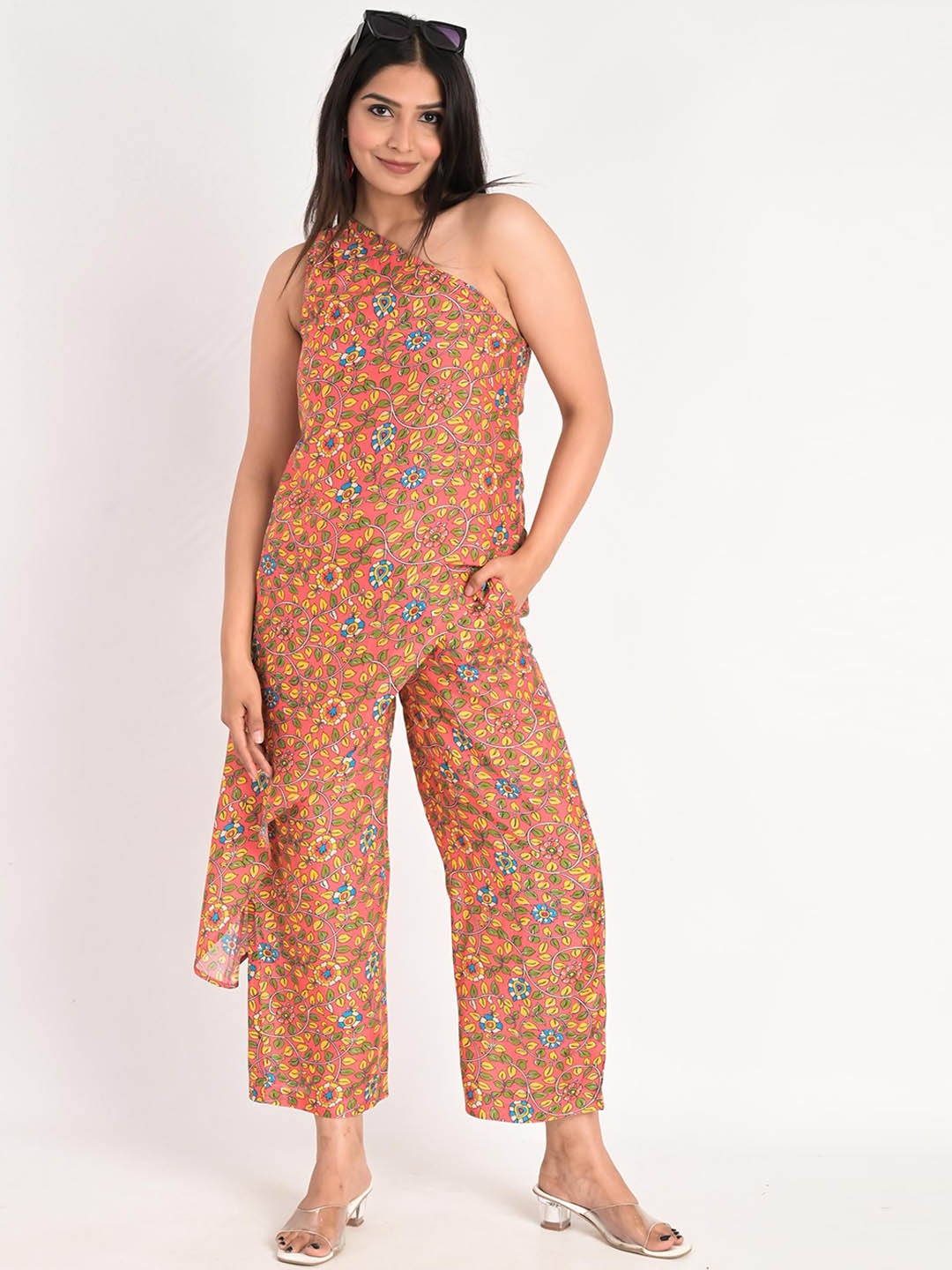 

KIZI Printed One Shoulder Top With Trousers, Peach