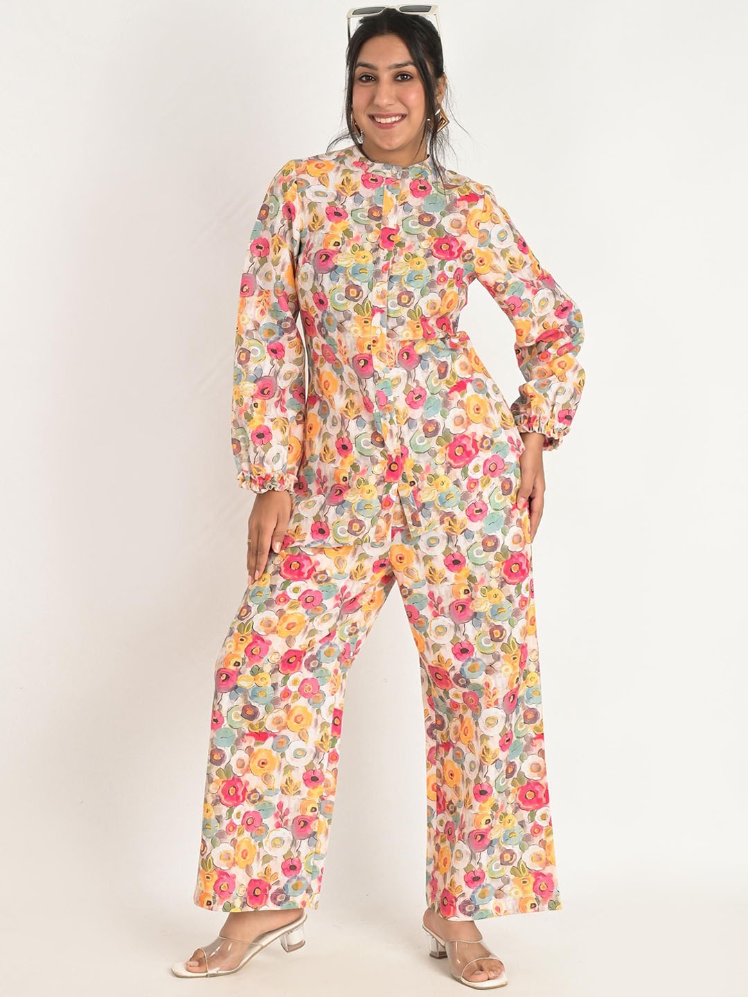 

KIZI Floral Printed Mandarin Collar Top With Trousers, Pink