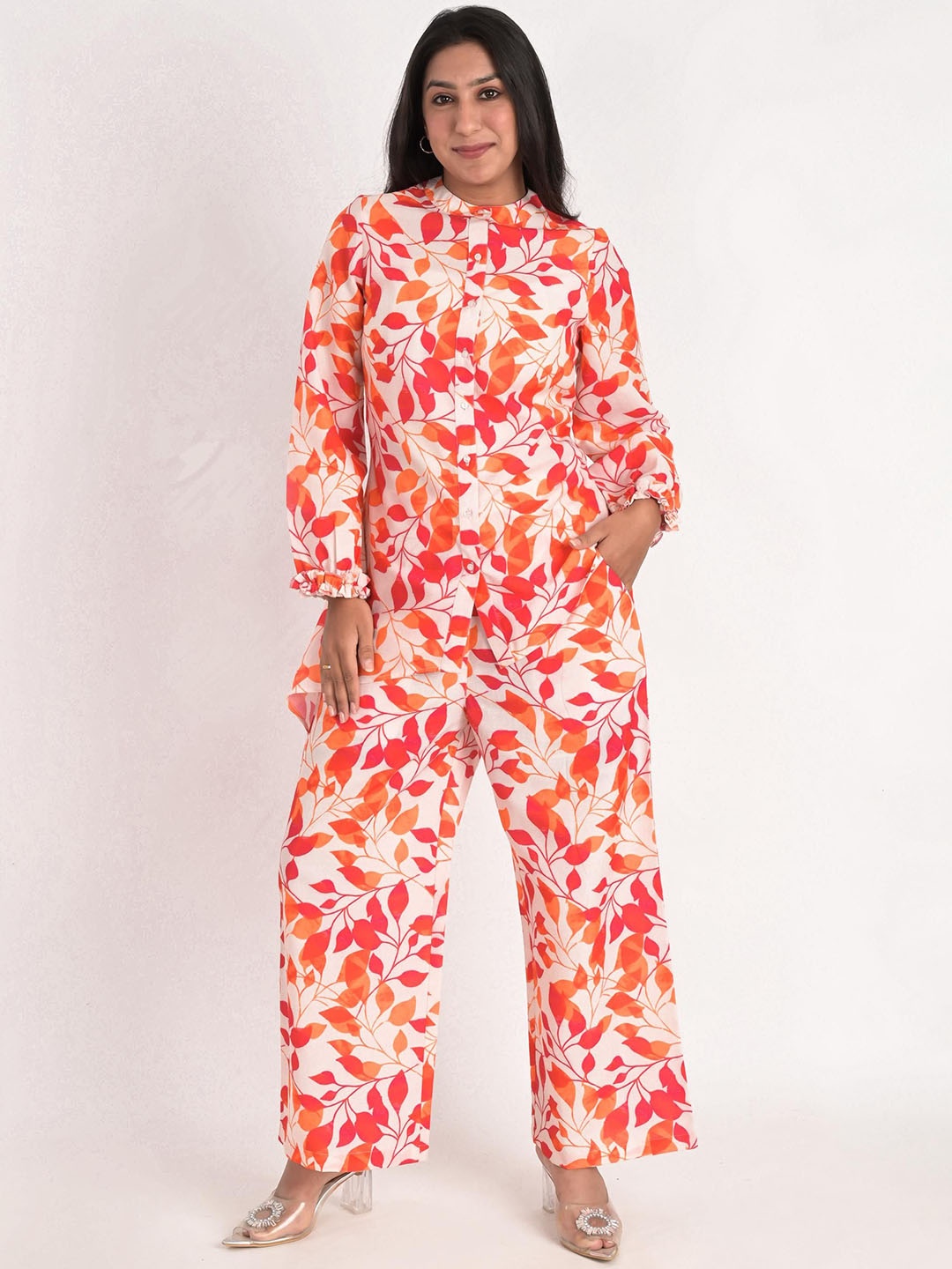 

KIZI Floral Printed Shirt Collar Top & Palazzos, Orange