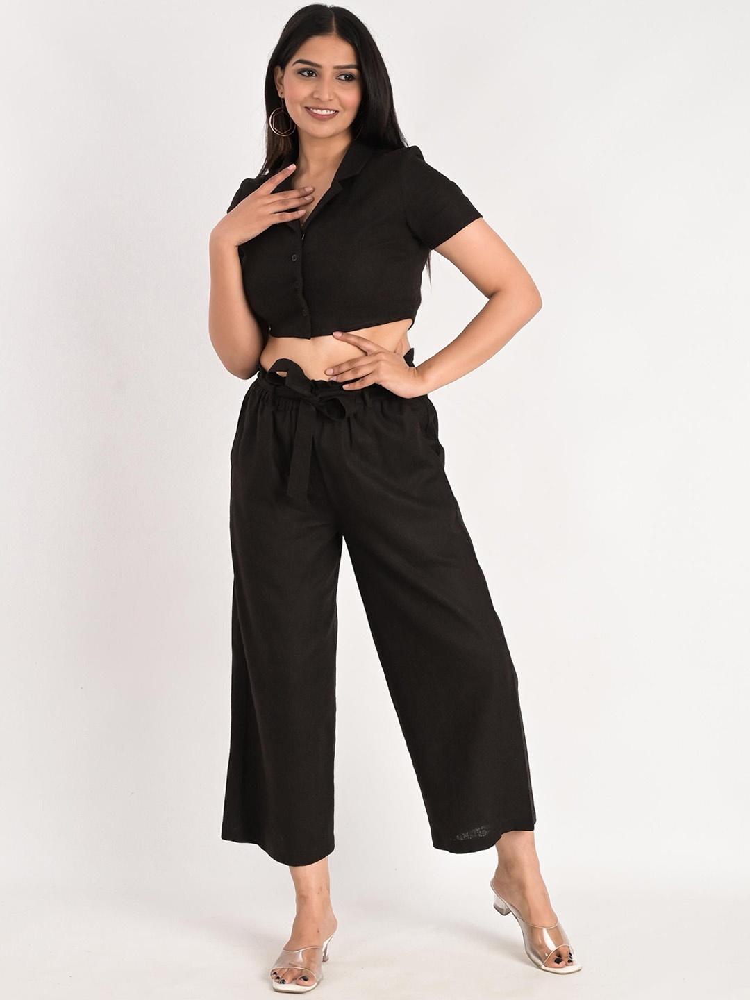 

KIZI Shirt Collar Crop Top & Palazzos, Brown