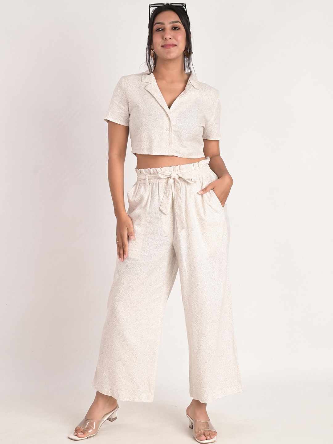 

KIZI Shirt Collar Crop Top & Palazzos, Off white