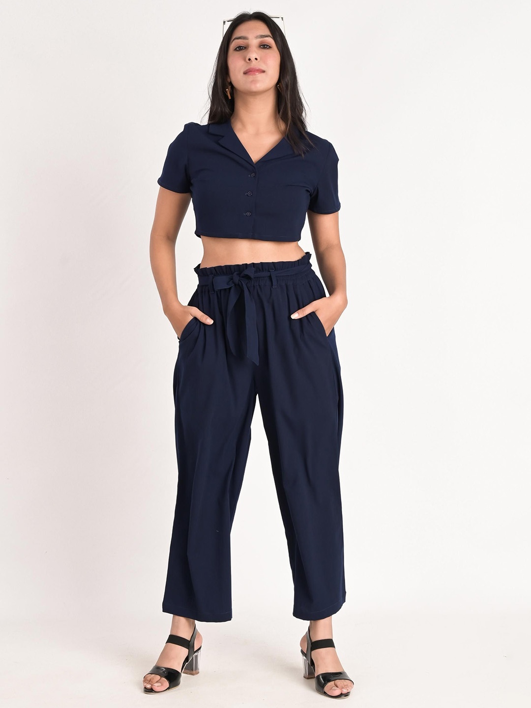 

KIZI Shirt Collar Top & Palazzos, Navy blue