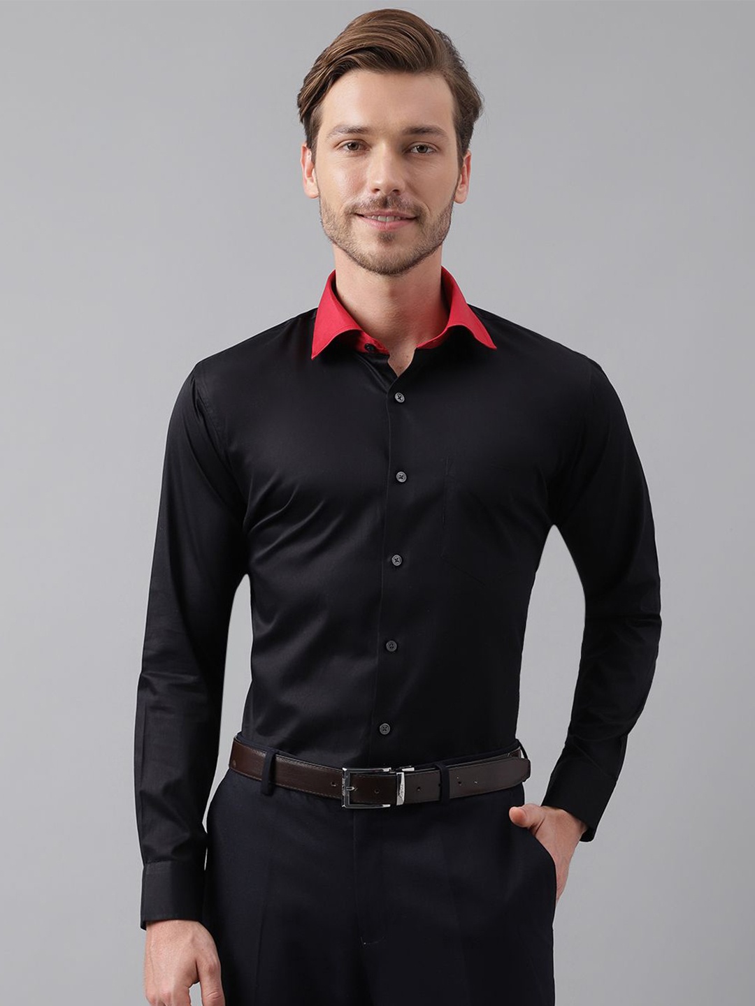 

Hancock Men Slim Fit Opaque Satin Party Shirt, Black