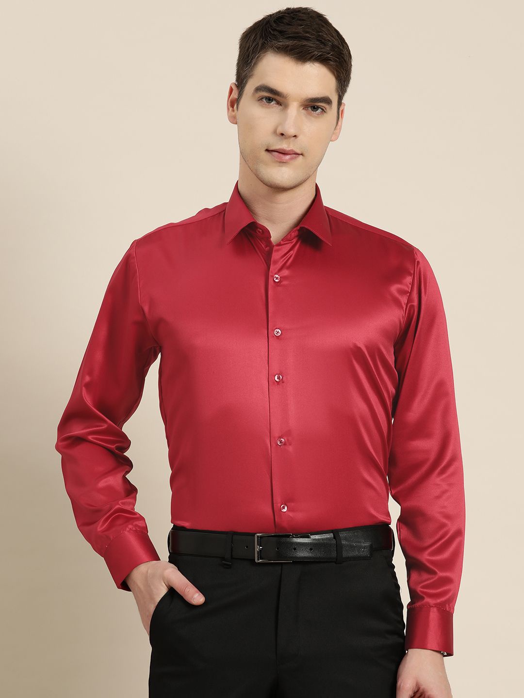 

Hancock Men Slim Fit Opaque Formal Shirt, Red