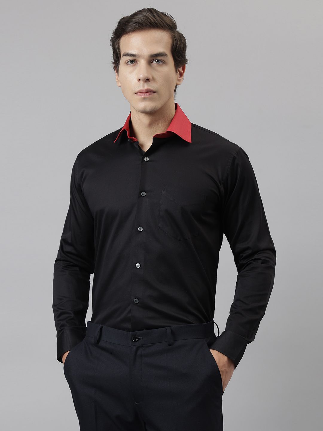 

Hancock Men Solid Cotton Slim Fit Opaque Contrasting Collar Formal Shirt, Black